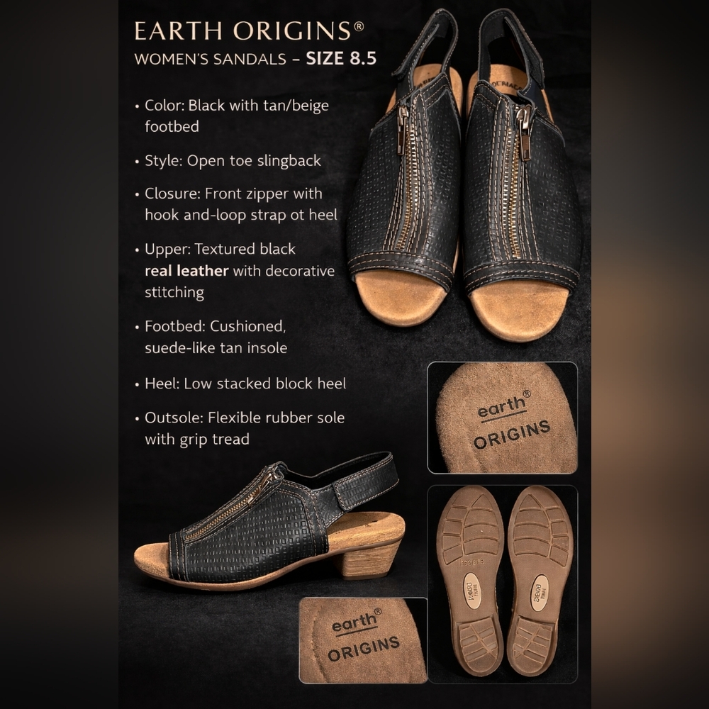 Earth Origins‎ Black Textured Leather Open Toe Slingback Sandals